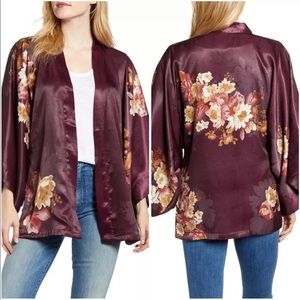 Nordstrom Floral Satin Kimono 70s Boho Burgundy